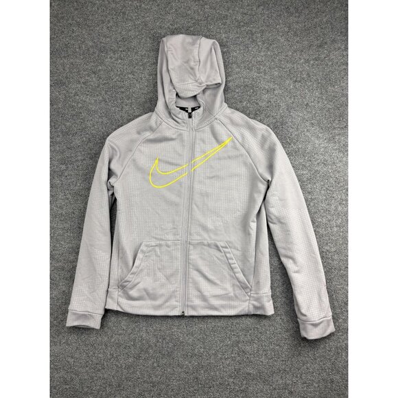 Nike Dri-FIT Hoodie Jacket Youth XL Gray Full Zip Yellow Swoosh Athletic - Picture 1 of 6